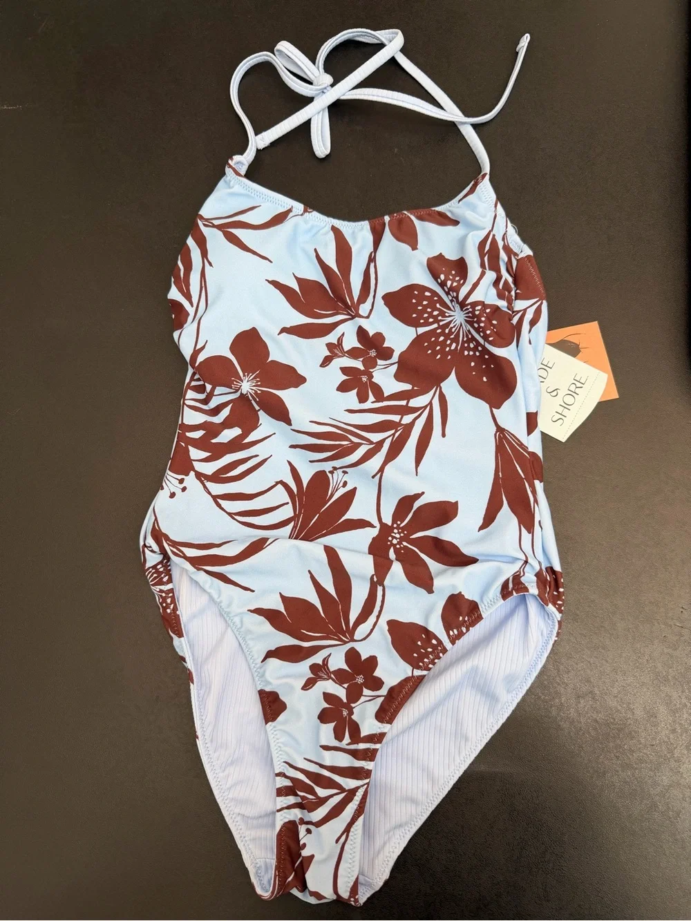 Shade & Shore Blue One-Piece Swimsuit with Brown Floral Print